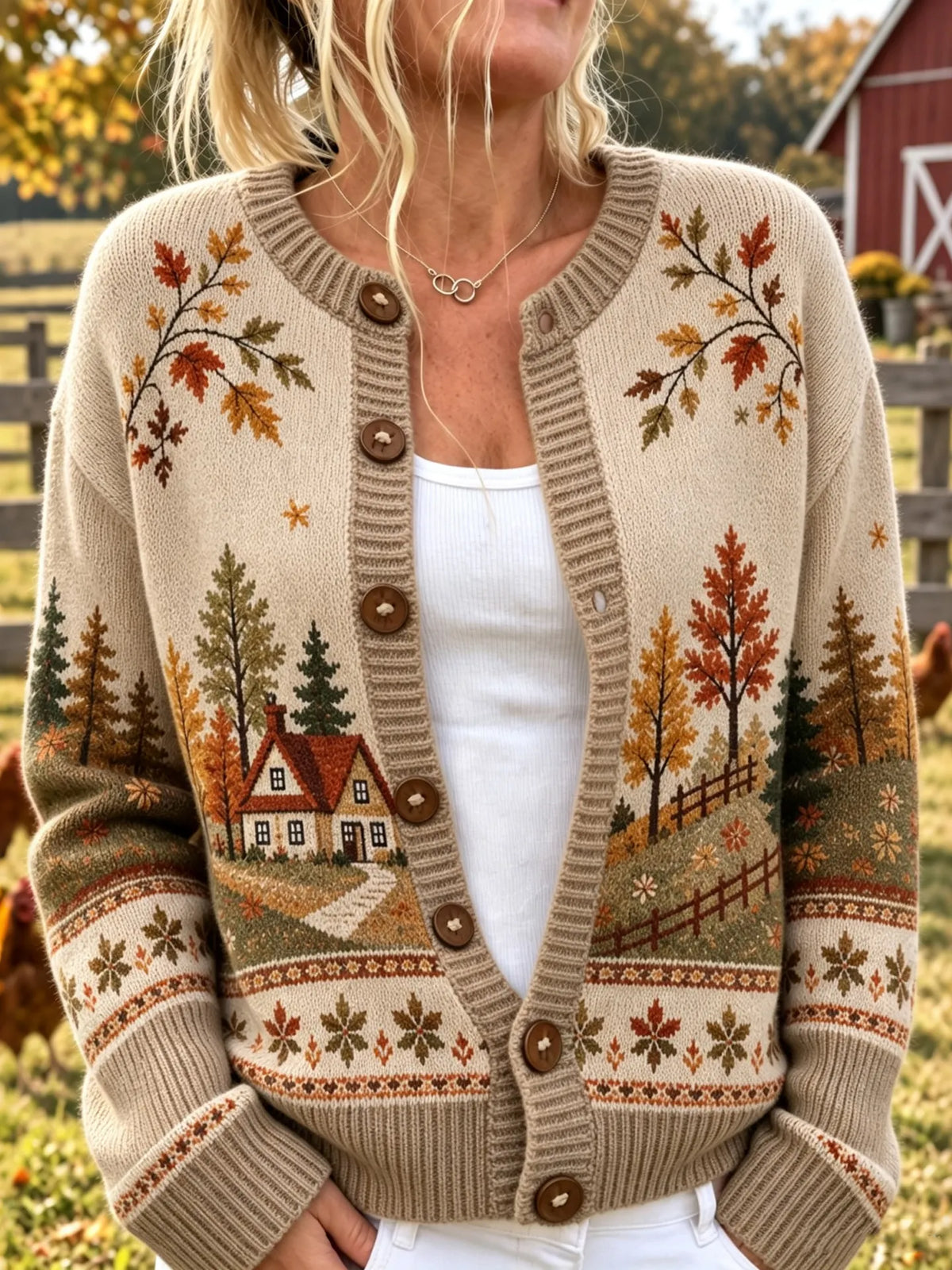 Women's Vintage Forest Themed Jacquard Knit Warm Cardigan
