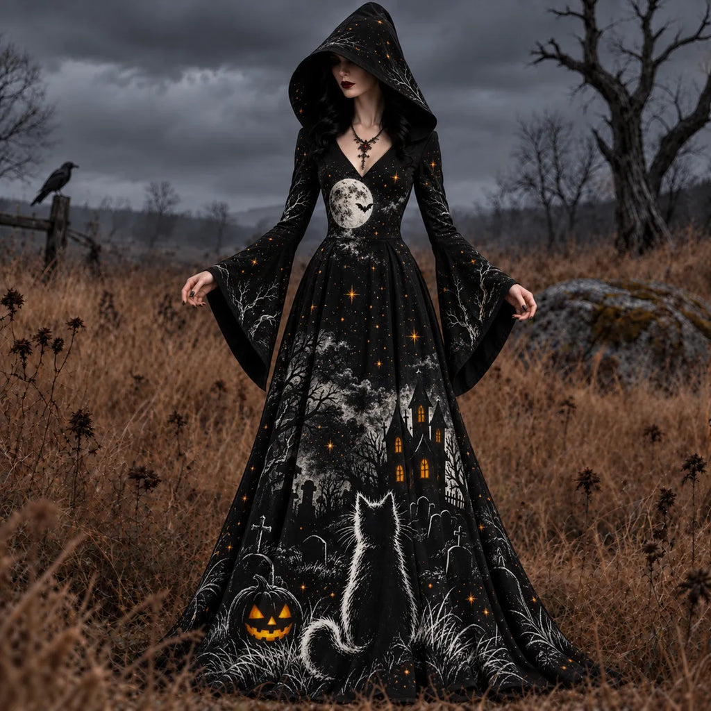 Women's Halloween Pumpkin Cat Art Long-sleeve Hooded Long Dress