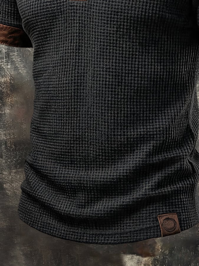 Men'S Retro Color-Block Short-Sleeve Henley T-Shirt With Waffle Knit And Leather Paneling