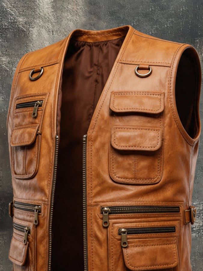 Men's Vintage Multi-Pocket Leather Vest Jacket