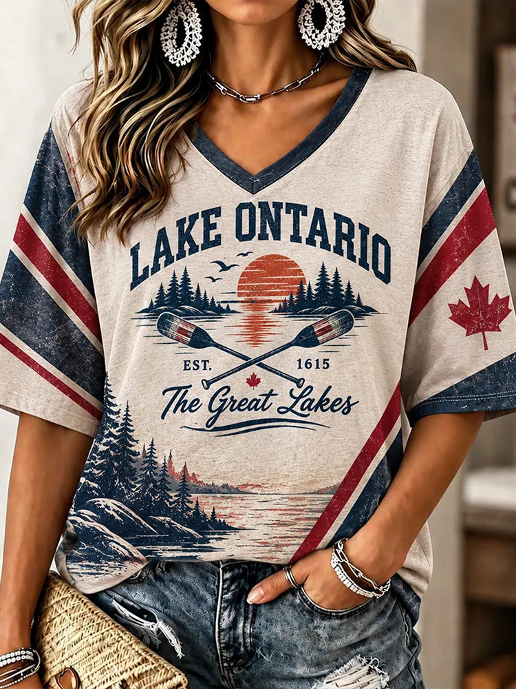 Women's Vintage Lake Ontario V-neck Casual T-shirt