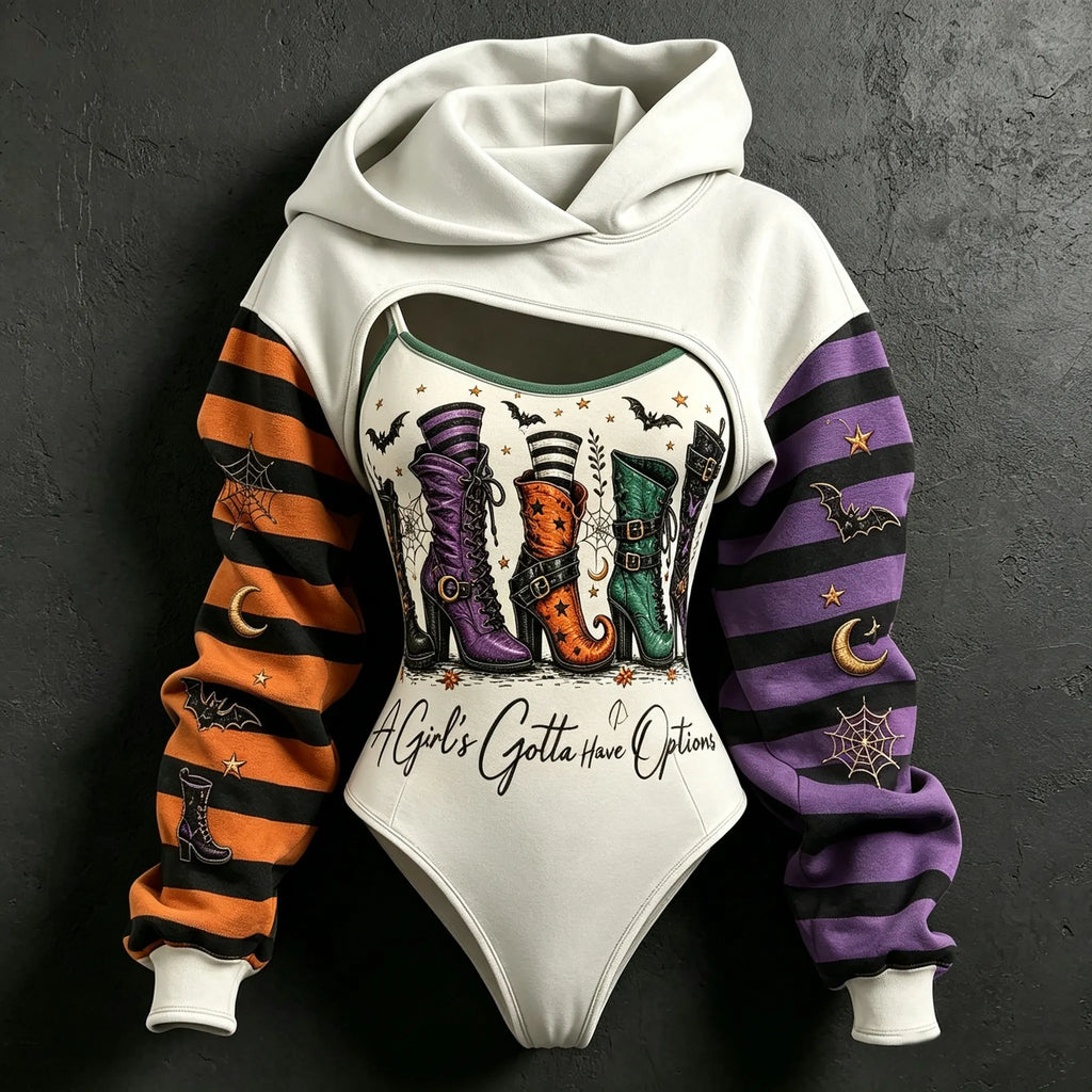 Women's Halloween Striped Bat And Star Print Hoodie Two-piece Set