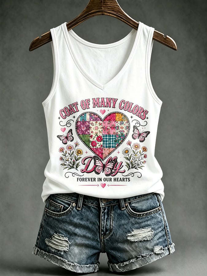 V-Neck Retro Coat Of Many Colors Forever In Our Hearts Print Tank Top