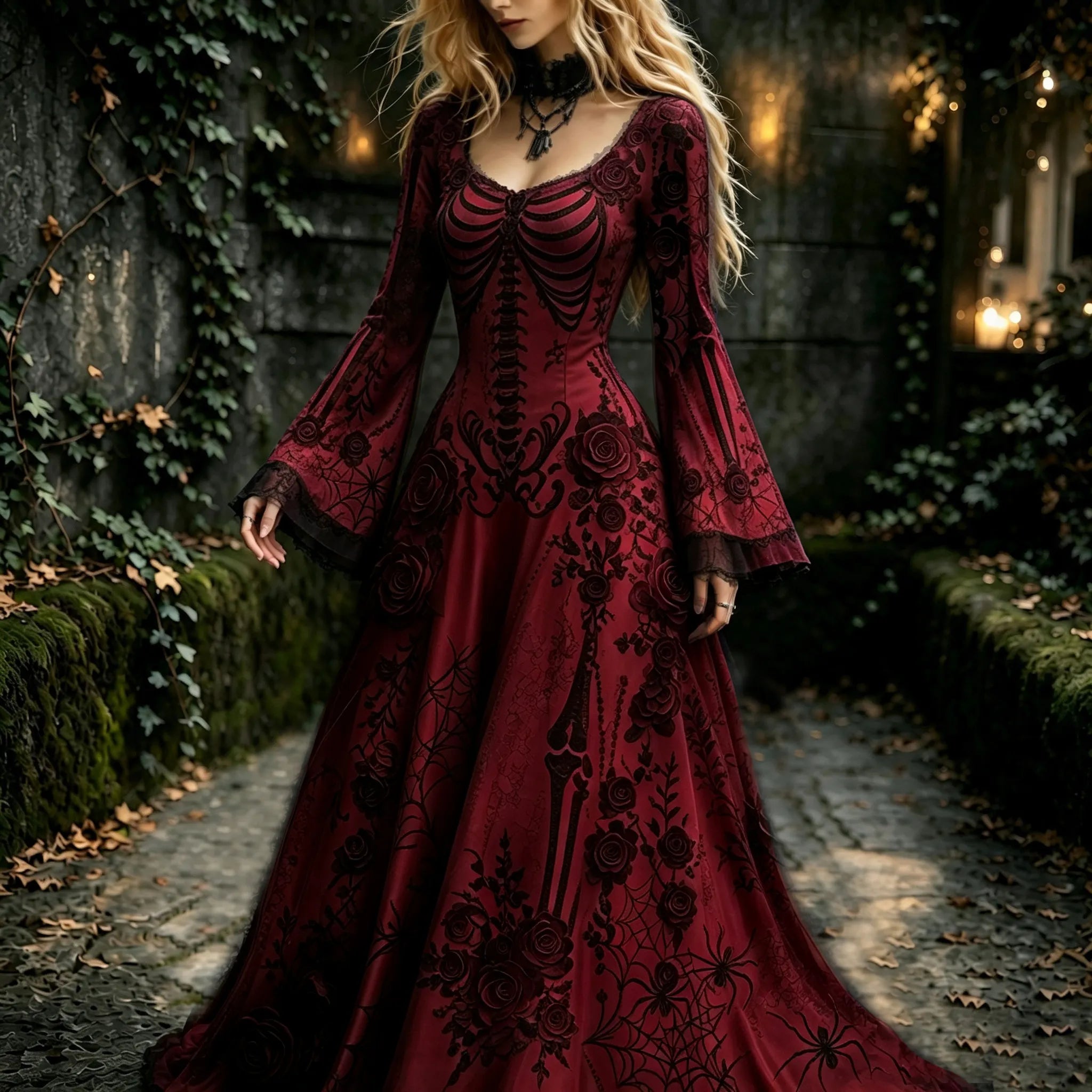 Women's Retro Gothic Flowers With Skull Pattern Mixi Halloween Dress
