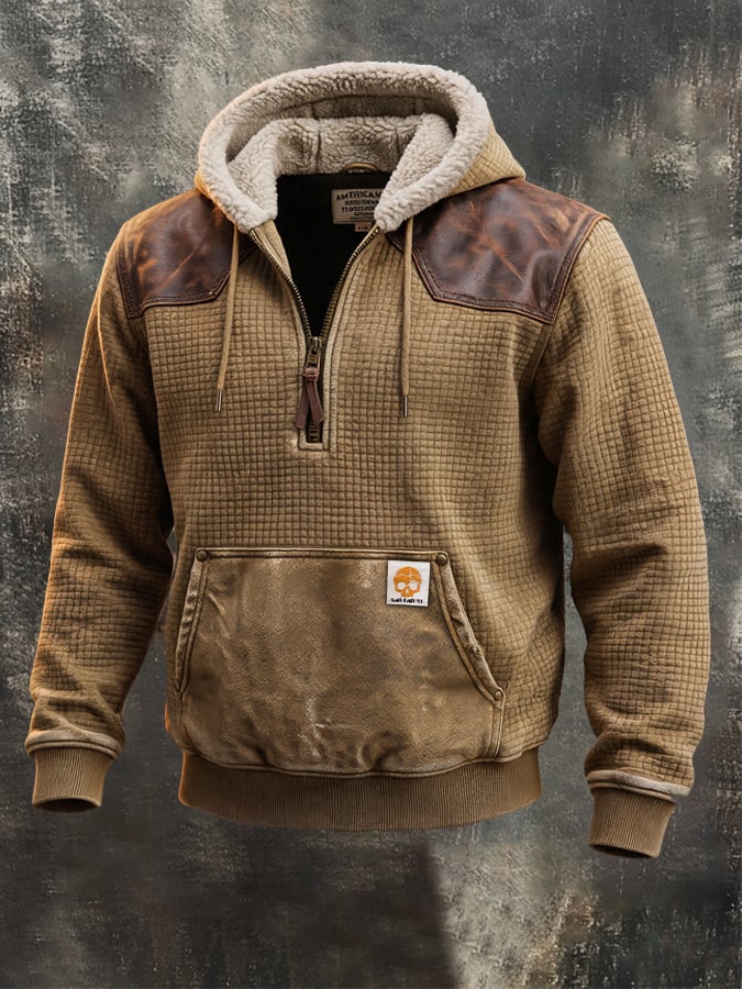 Men's Retro Textured Checkered Plush Hoodie