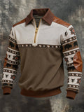 Men's Retro Color Block Print Color-Blocked Zip-Up Sweatshirt