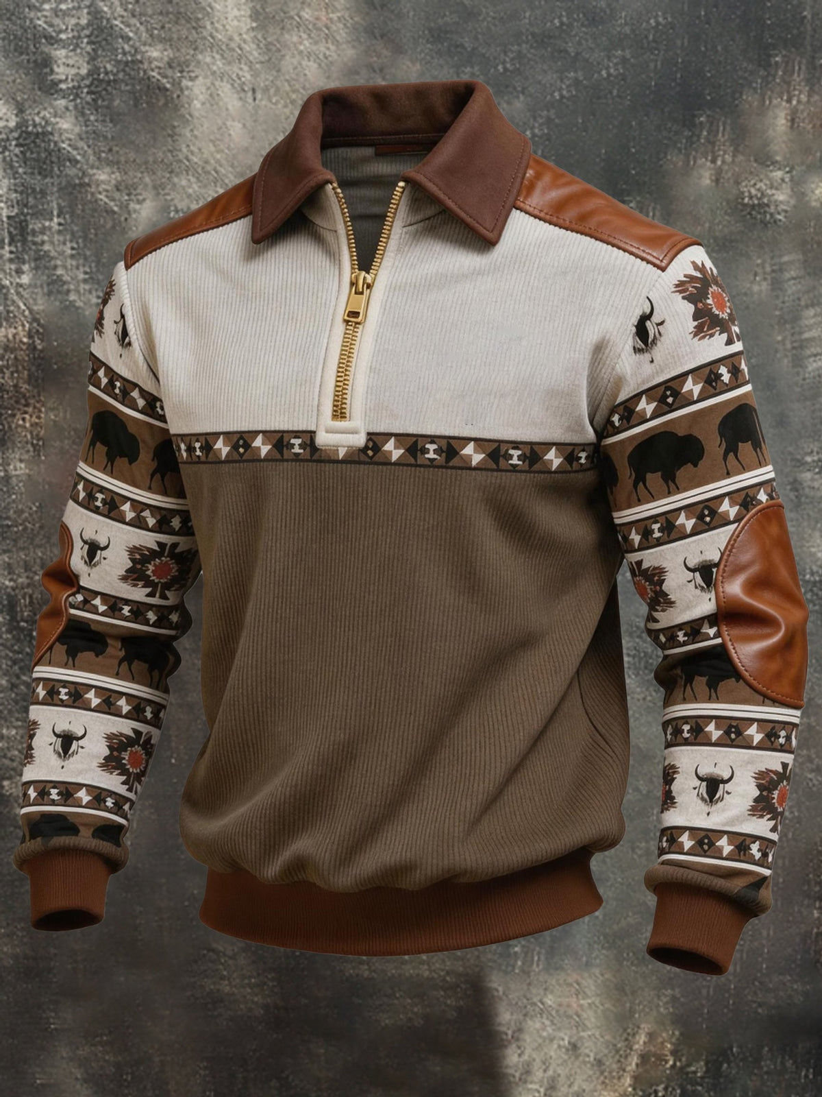 Men's Retro Color Block Print Color-Blocked Zip-Up Sweatshirt
