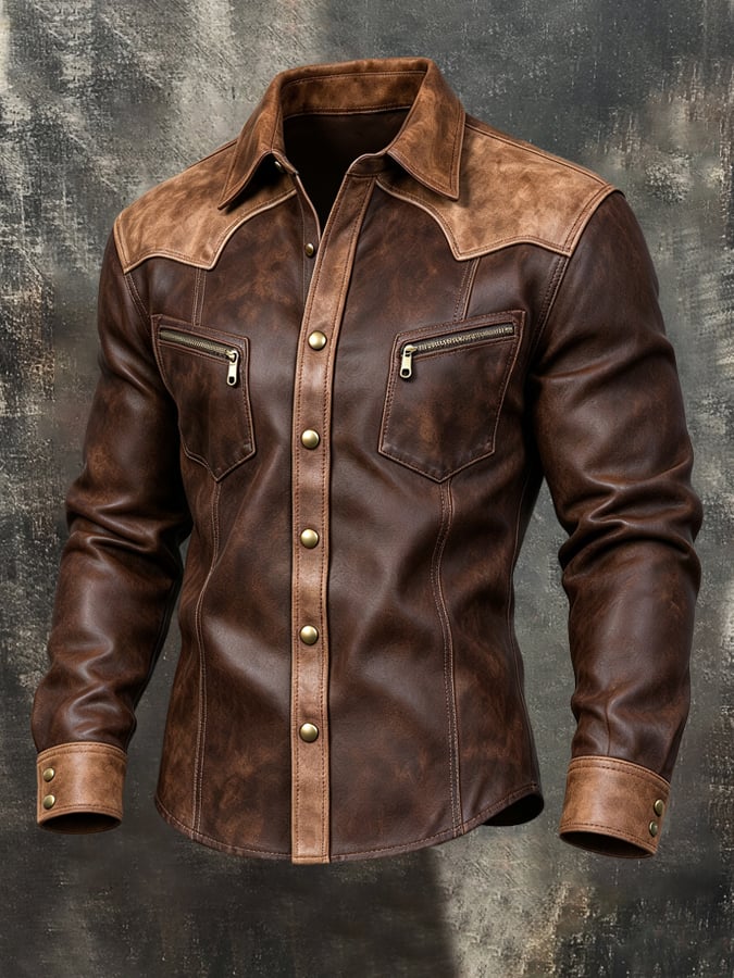 Men's Vintage Western-Style Color-Block Leather Long-Sleeve Shirt