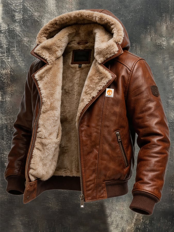 Men's Vintage-Style Leather Outdoor Jacket with Plush Lining and Multiple Pockets