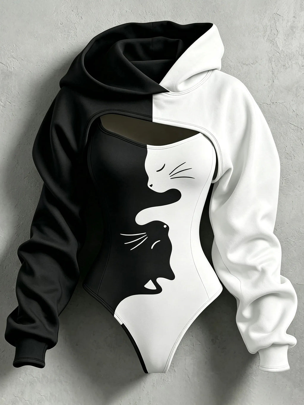 Women's Retro Halloween Color Block Cat Print Hoodie Two-piece Set