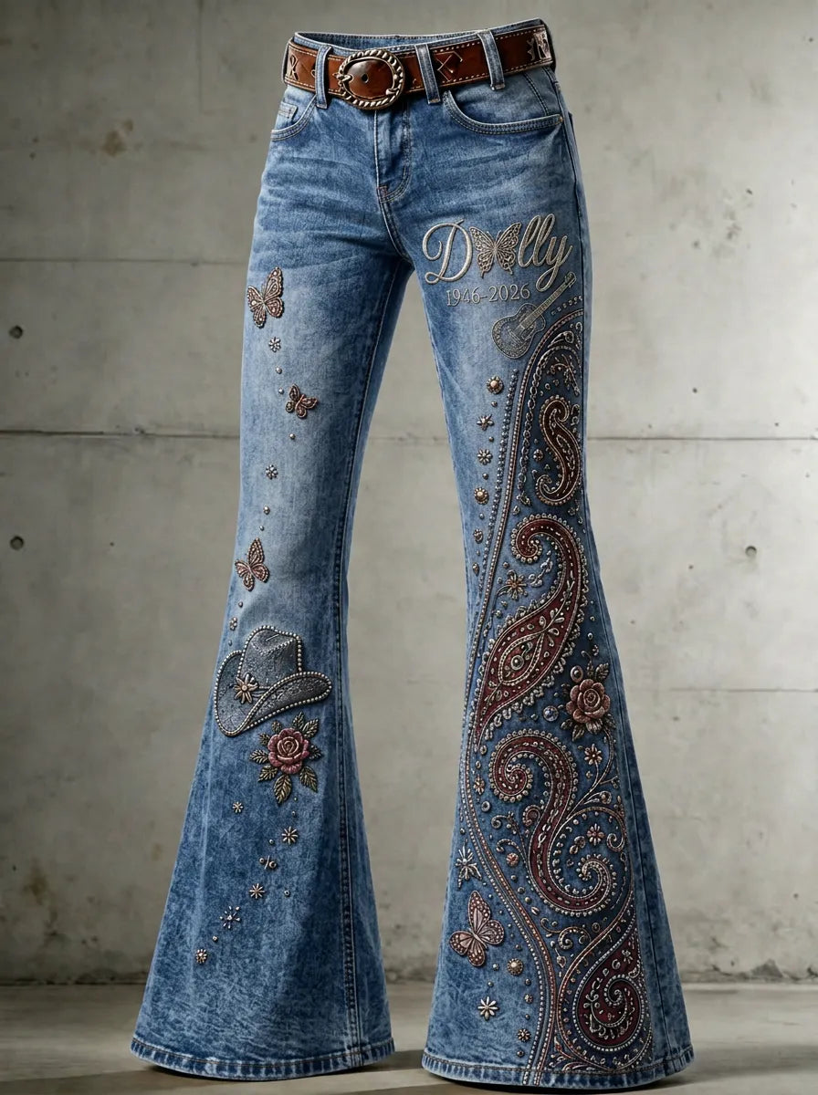 Women's Dolly Parton Butterfly Paisley Guitar Printed Flare Jeans