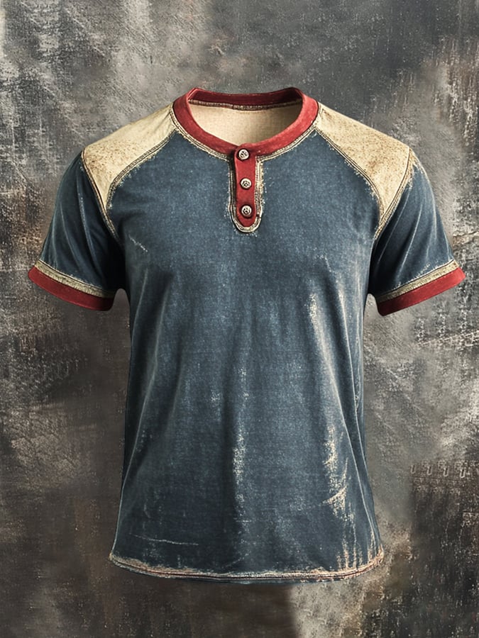 Men's Retro Colorblock Henley Collar Short Sleeve T-Shirt