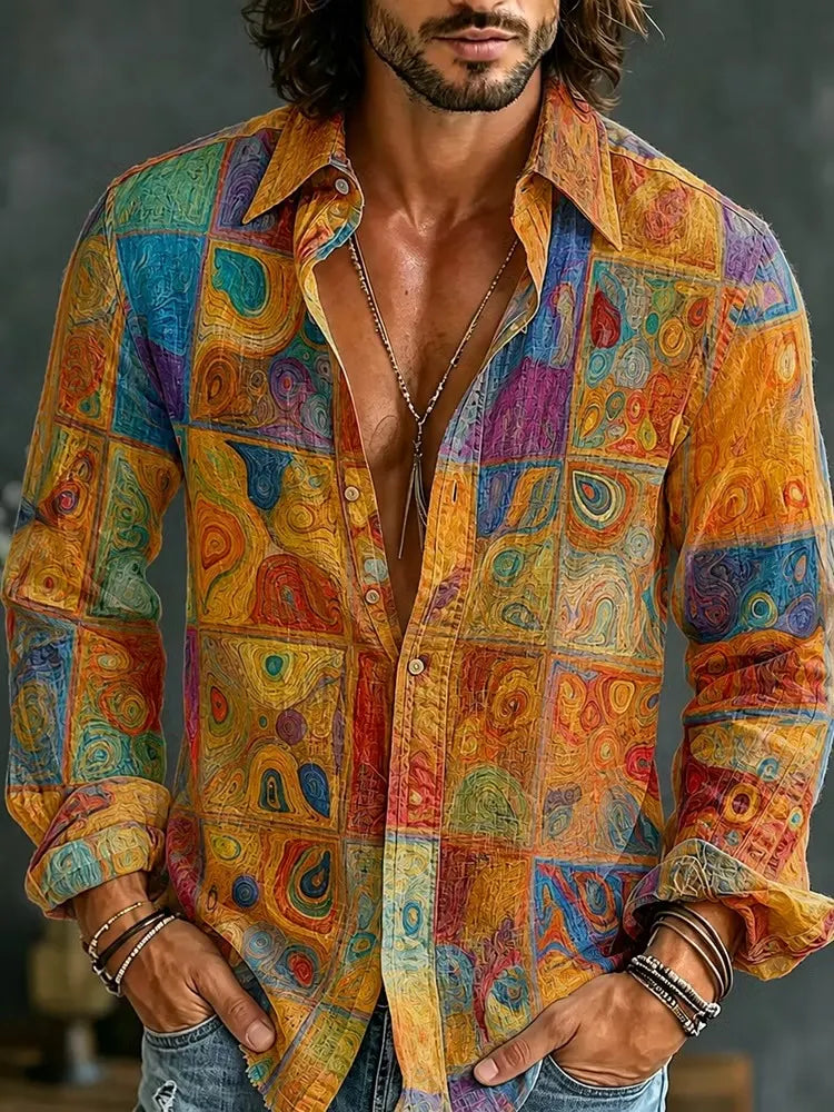 Men's Van Gogh Style Swirl Art Patchwork Square Print Long Sleeve Shirt