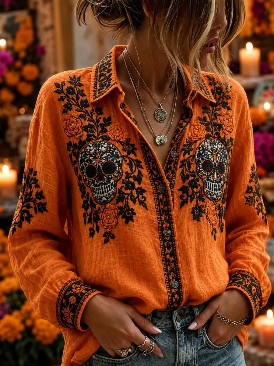 Women's Day Of The Dead Sugar Skull Rose Flower Print Long Sleeve Shirt