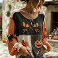Women's Vintage Halloween Wizard Cat Art Embroidered Linen Blend Round Neck Long Sleeve Tops