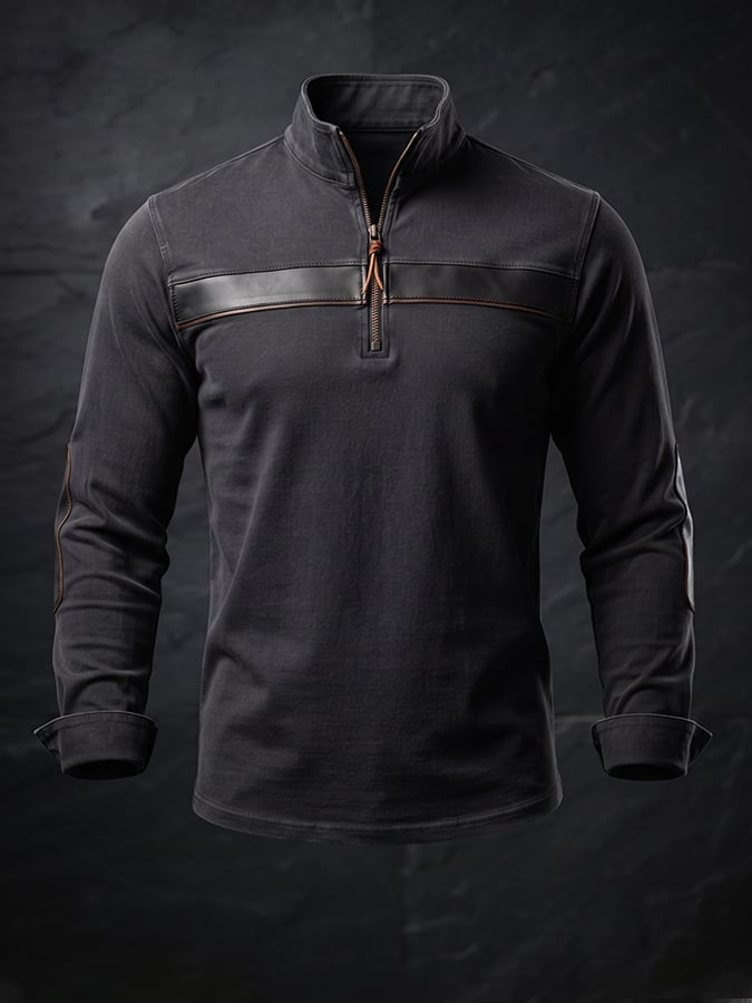 Men’s Rugged Quarter‐Zip Stand Collar Long‐Sleeve | Faux‐Leather Stitched Accent Top