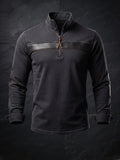 Men’s Rugged Quarter‐Zip Stand Collar Long‐Sleeve | Faux‐Leather Stitched Accent Top