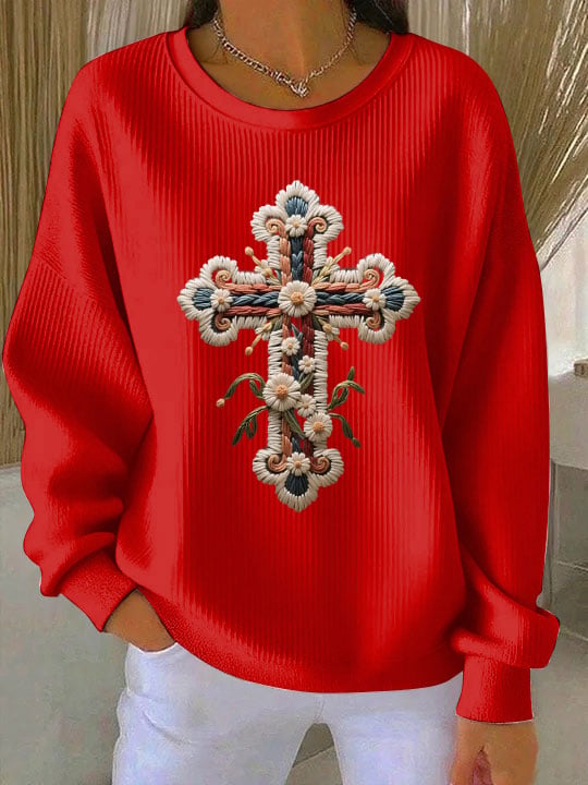Women's Embroidered Cross Art Print Crew Neck Sweatshirt