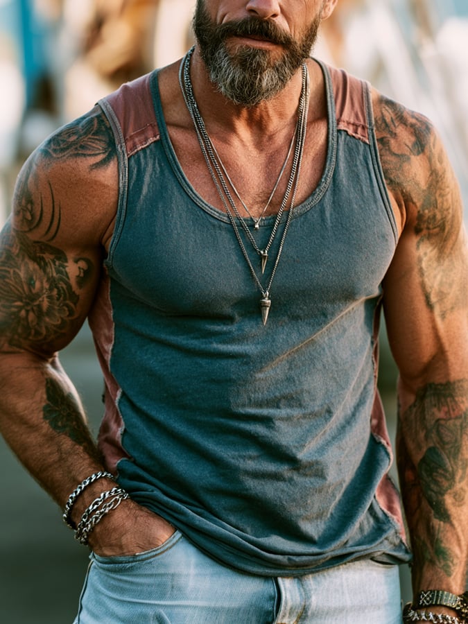 Men'S Fashion Pure Cotton Sleeveless Crew-Neck Tank Top With Distressed, Color-Block, And Panel Details