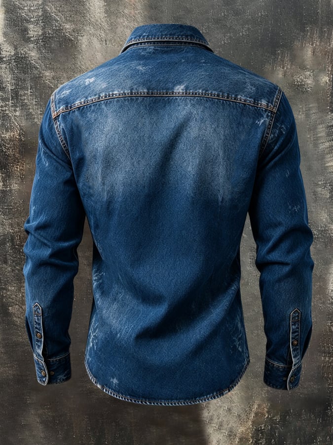 Men'S Vintage Western-Style Long-Sleeve Shirt With Leather Paneling And Color-Block Details