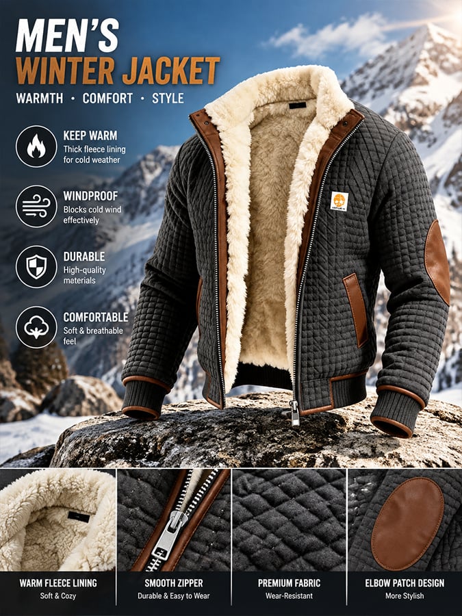 Men's Retro Textured Check-Panel Warm Multi-Pocket Jacket