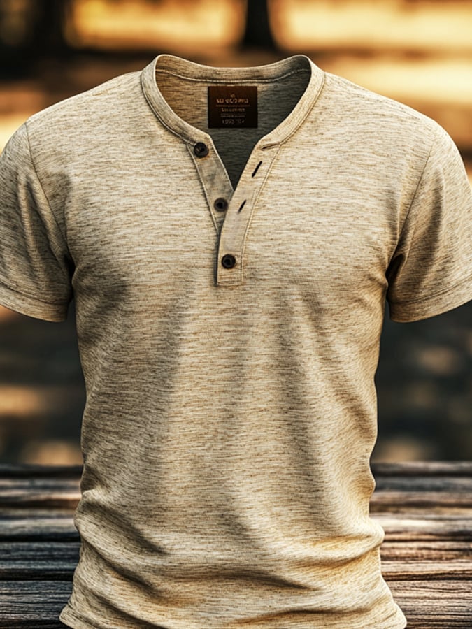 Men's Vintage Premium Distressed Henley Short Sleeve T-Shirt