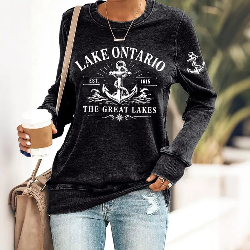 Retro Lake Ontario Est 1615 The Great Lakes Print Sweatshirt