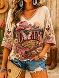 Women's Commemorative Print Casual Waffle V-Neck Top