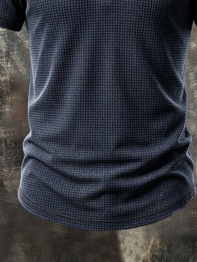 Men's Retro Waffle-Knit & Faux Suede Panel Zip-Collar T-Shirt
