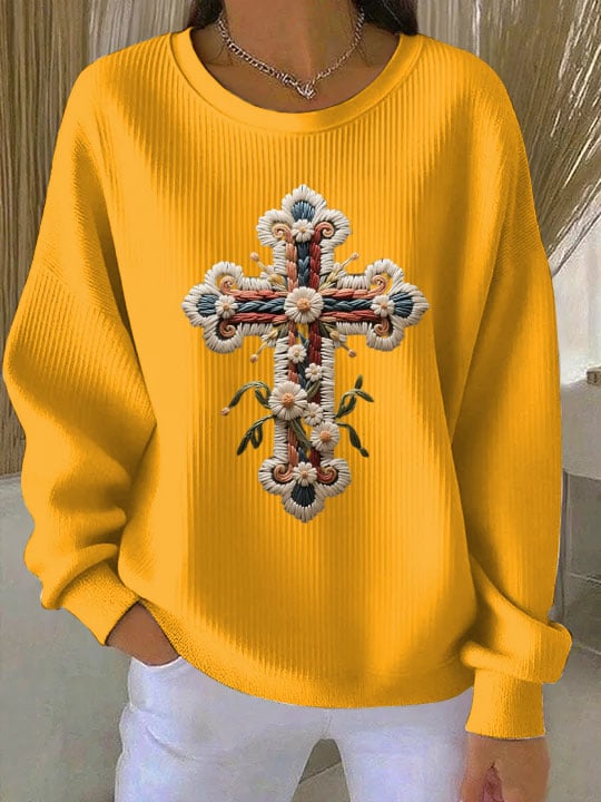 Women's Embroidered Cross Art Print Crew Neck Sweatshirt