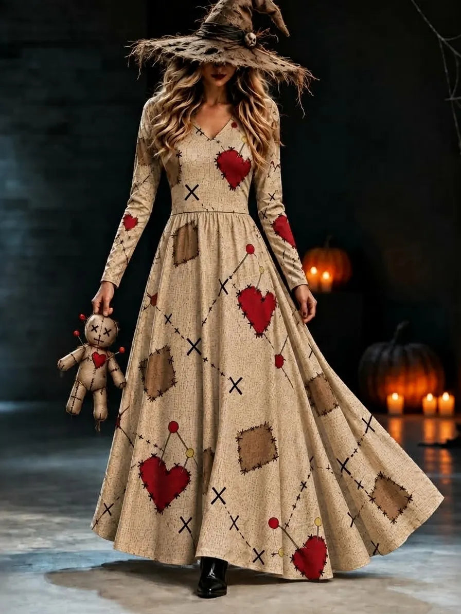 Women's Halloween Voodoo Doll Cosplay V-neck Maxi Dress