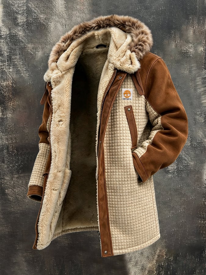 Men’S Vintage-Style Fleece-Lined Hooded Jacket – Featuring Textured Checkered Paneling, Faux Suede, And Color-Block Detailing