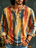 Men's Vibrant Vertical Tie Dye Streaks Print Henry Collar Long Sleeve T-Shirt