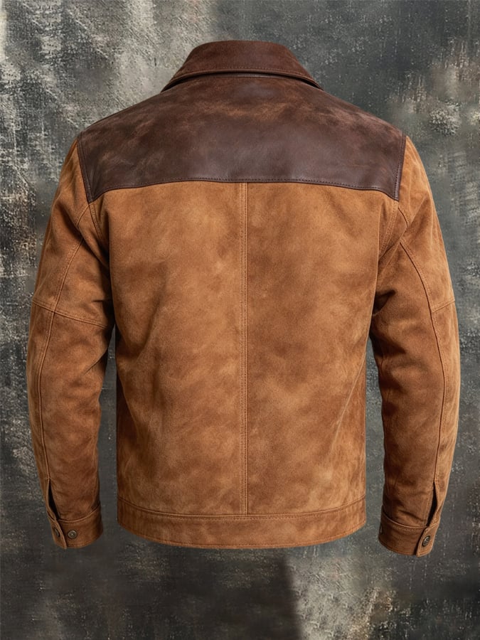 Men’s Vintage Suede-Look & Leather-Panelled Insulated Multi-Pocket Western-Style Outdoor Jacket