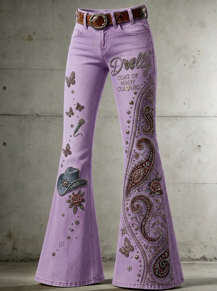 Women's Dolly Parton Coat of Many Colours Paisley Butterfly Printed Flare Jeans