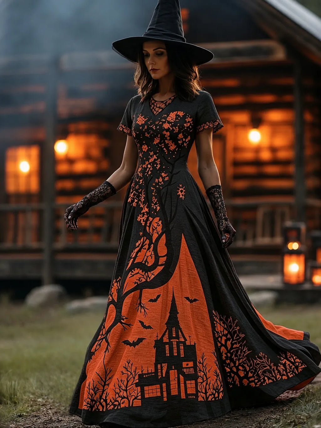 Women's Halloween Gradient Treehouse Design  V-neck Short Sleeves Maxi Dress