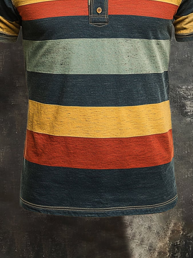 Men's Vintage Striped Casual Henley Short Sleeve T-Shirt