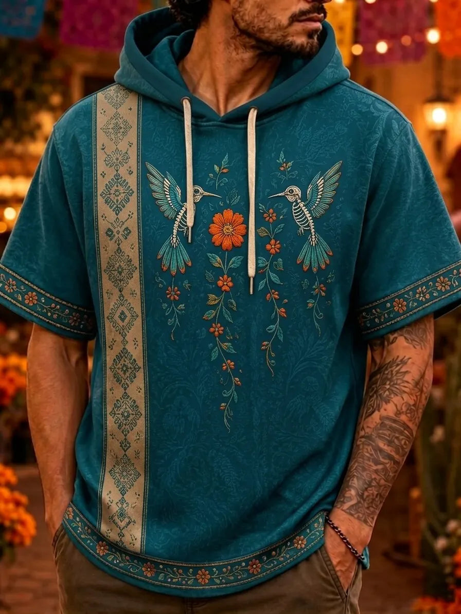 Men's Day Of The Dead Dual Skeleton Hummingbird Floral Print Hooded T-Shirt