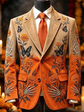 Men's Day Of The Dead Skeleton Hands Bright Orange Marigold Blooms Print Blazer