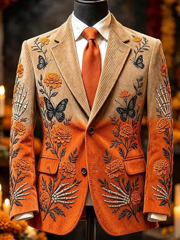 Men's Day Of The Dead Skeleton Hands Bright Orange Marigold Blooms Print Blazer