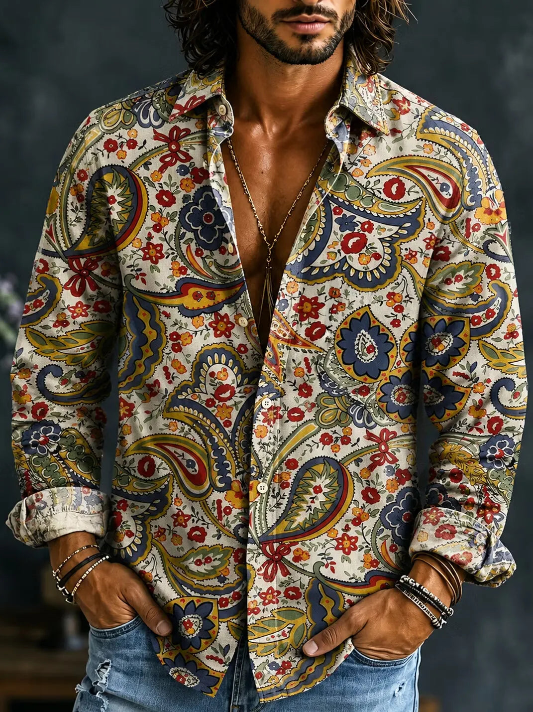 Men's Paisley Mixed Floral Cluster Print Long Sleeve Shirt