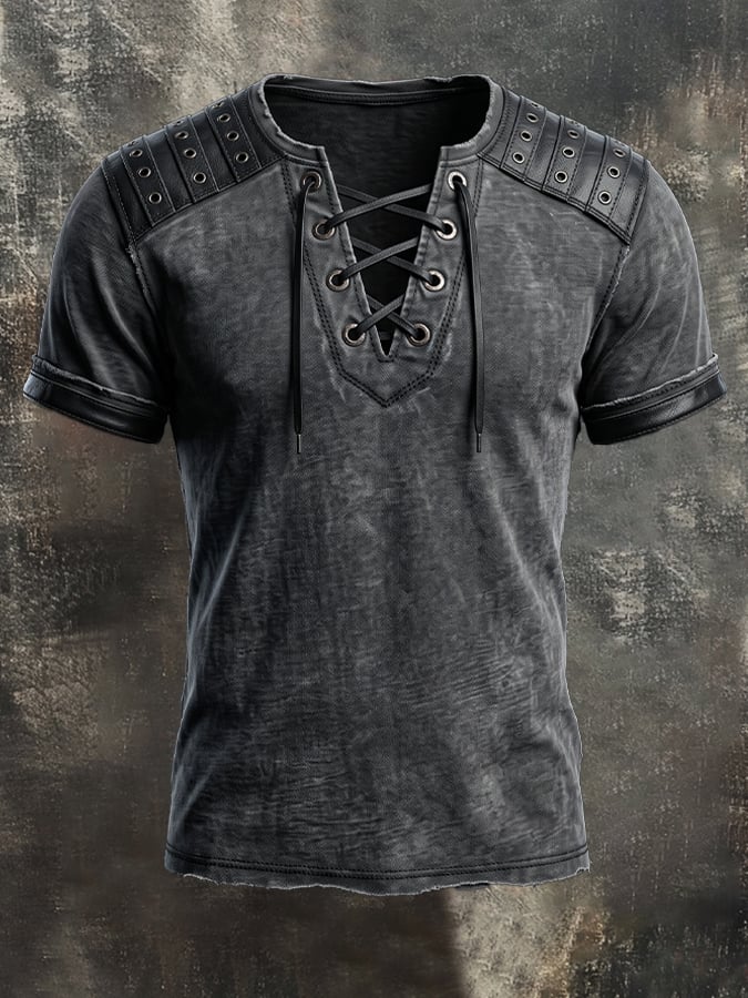 Men's Vintage Washed Cotton & Leather-Panel Lace-Up T-Shirt