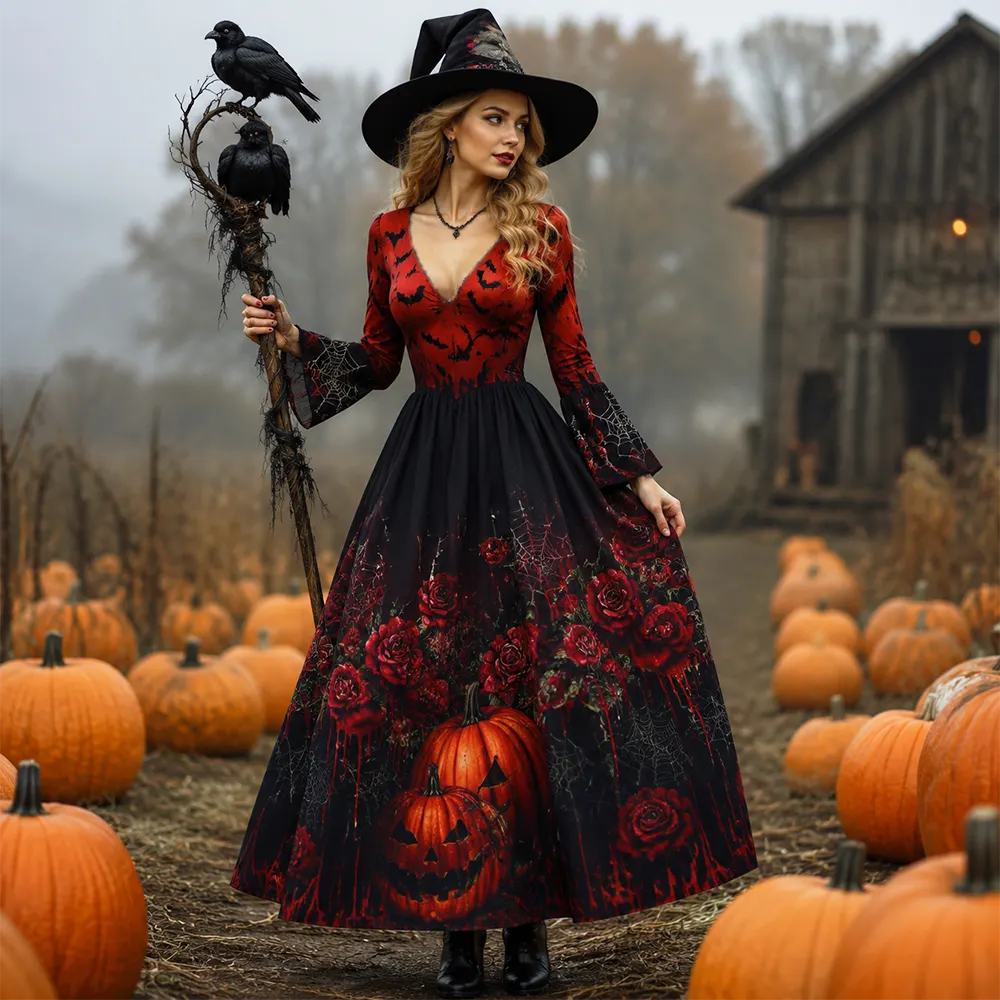 Women's Halloween Gothic Maxi Dress - Red And Black Jack-o'-lanterns, Roses And Spider Webs Print Flowy Dress