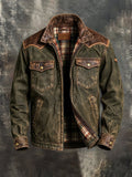 Men'S Vintage Western-Style Paneled Leather Shirt Jacket With Plaid Lining