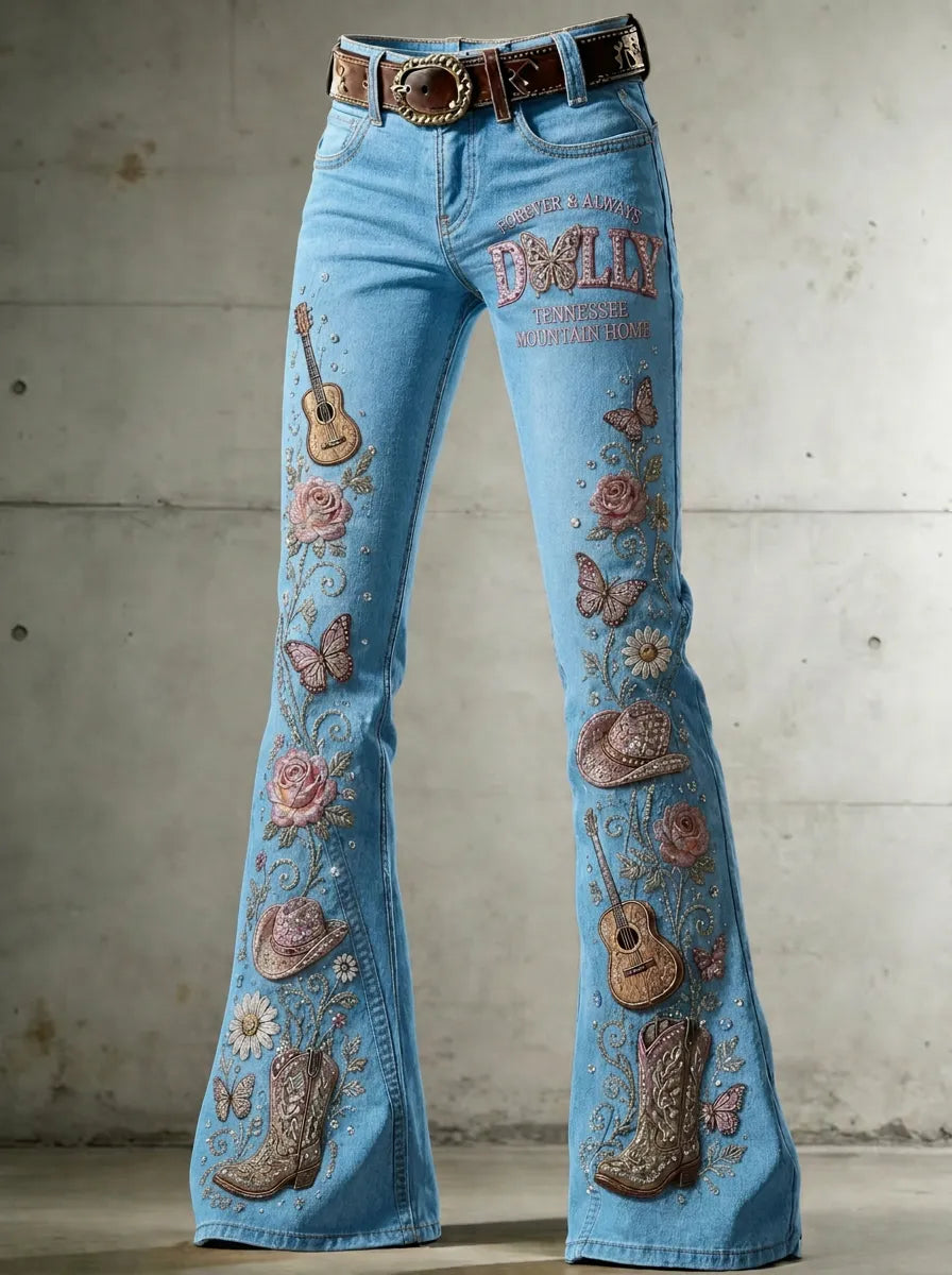 Women's Dolly Parton Guitar Butterfly Rose Printed Flare Jeans