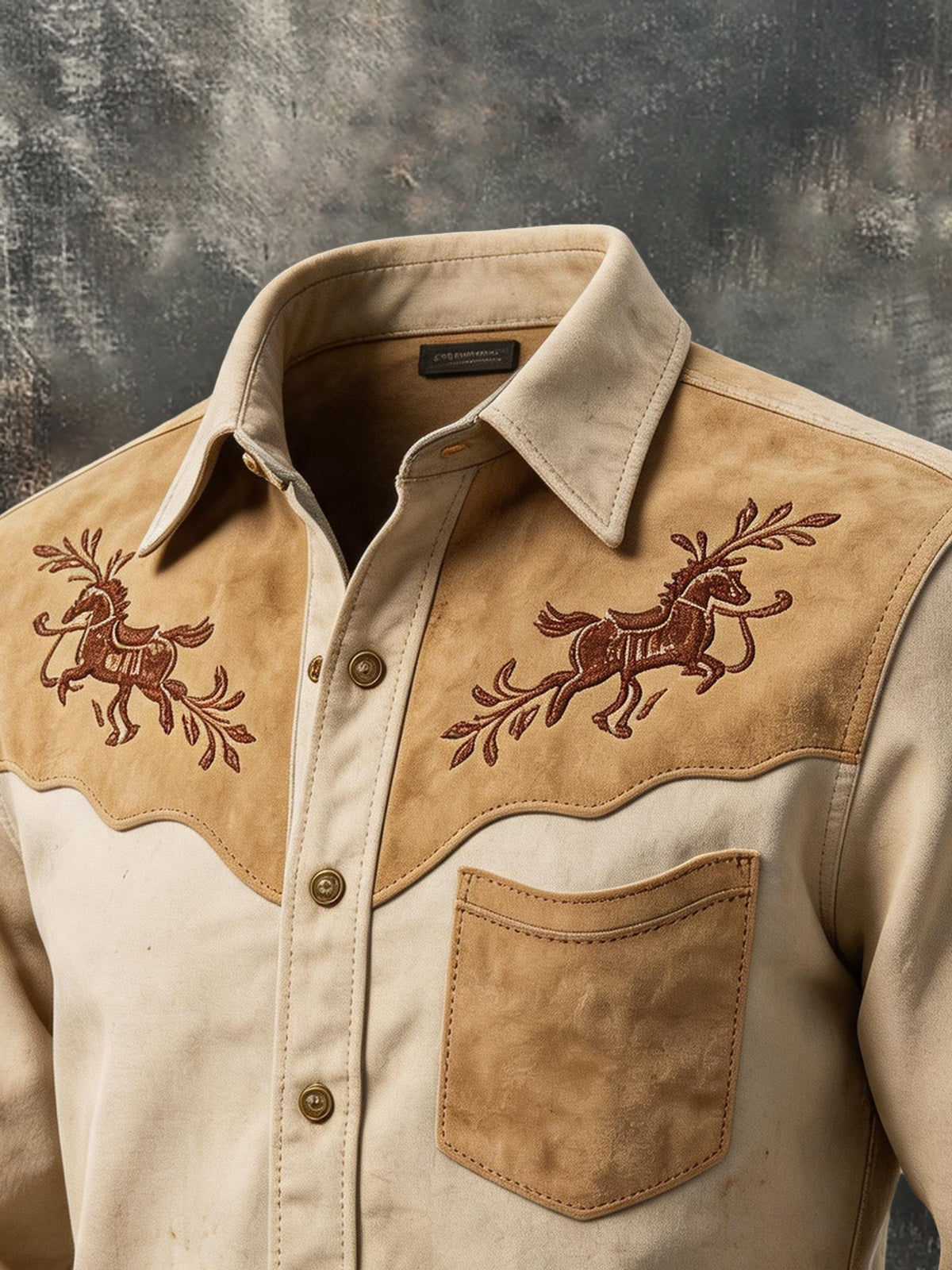 Men's Retro Color-Block Western Shirt with Suede Paneling and Single Pocket