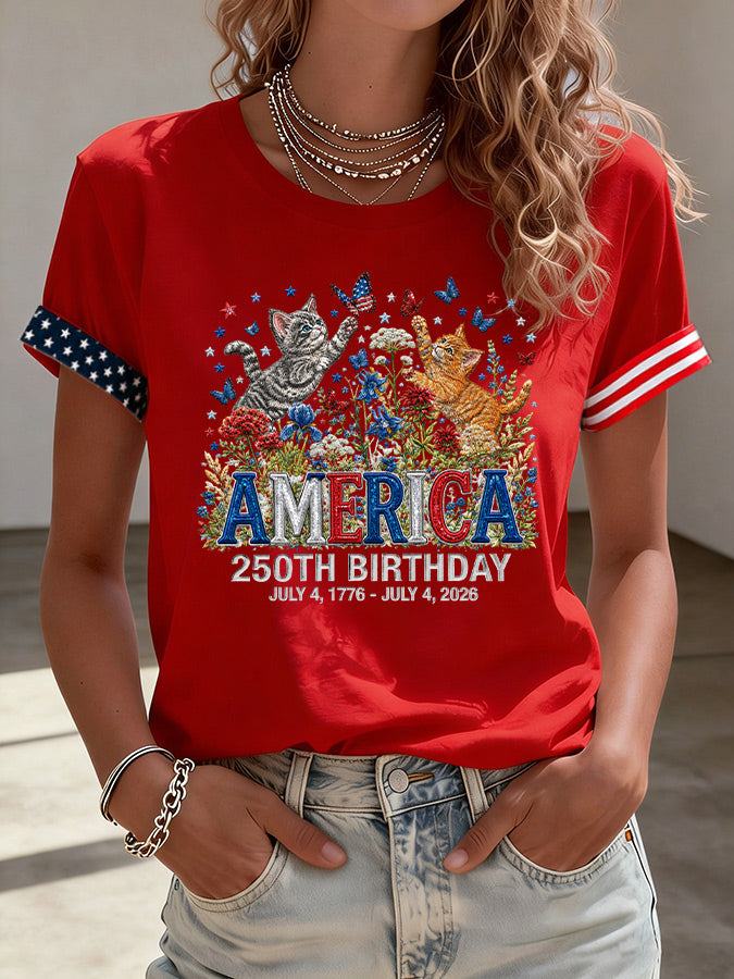 Women'S American Flag Kitten Printed Casual T-Shirt