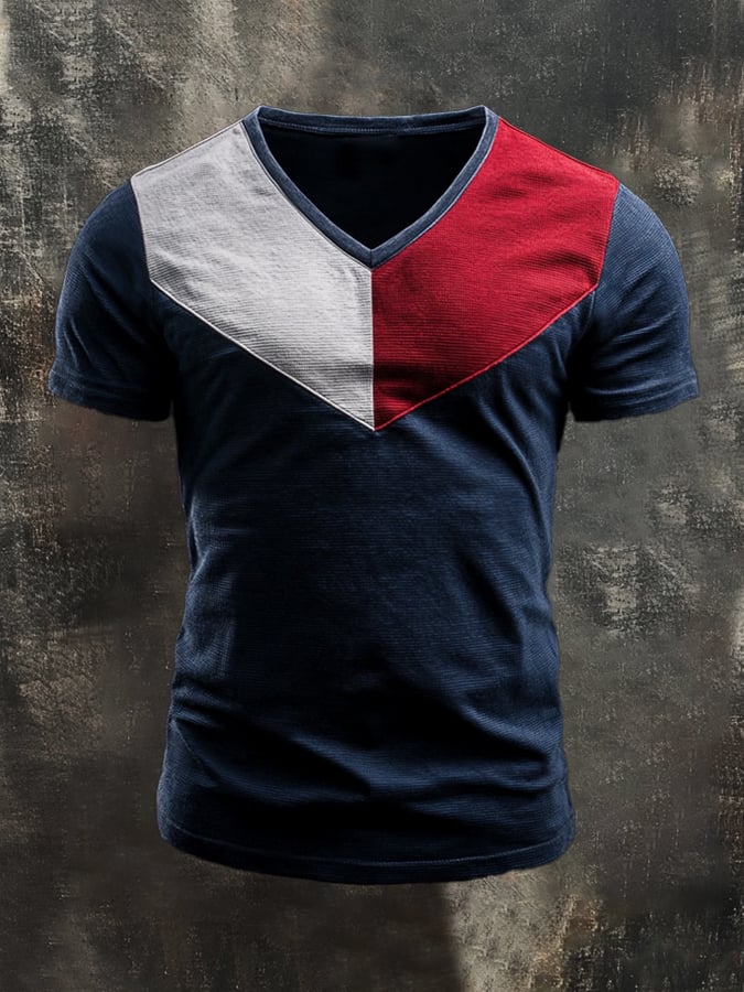 Men's retro-style washed V-neck short-sleeved T-shirt in contrasting color