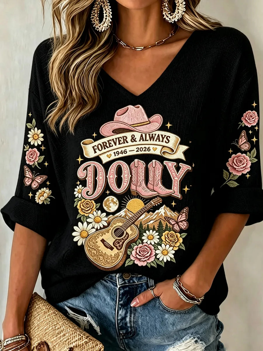 Women'S Commemorative Printed Waffle V-Neck Top