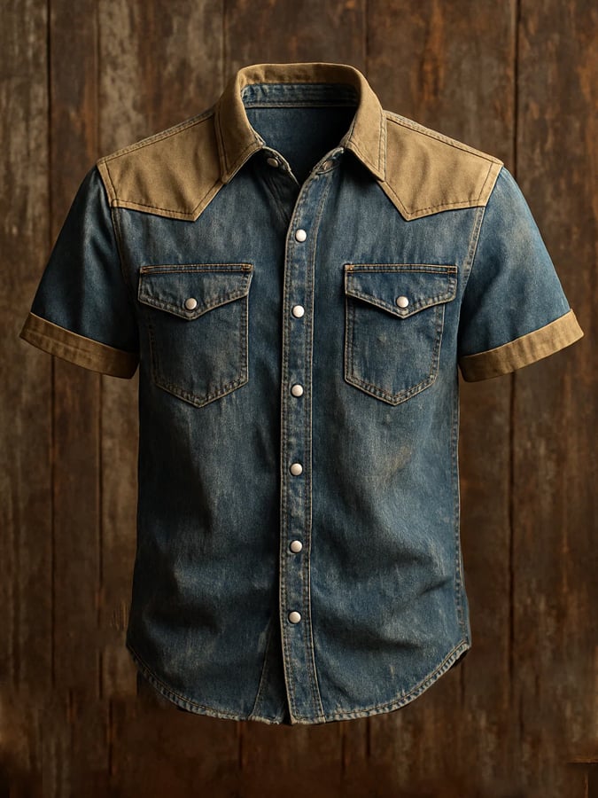 Men's vintage twill shirt with two pockets and short sleeves in a used look